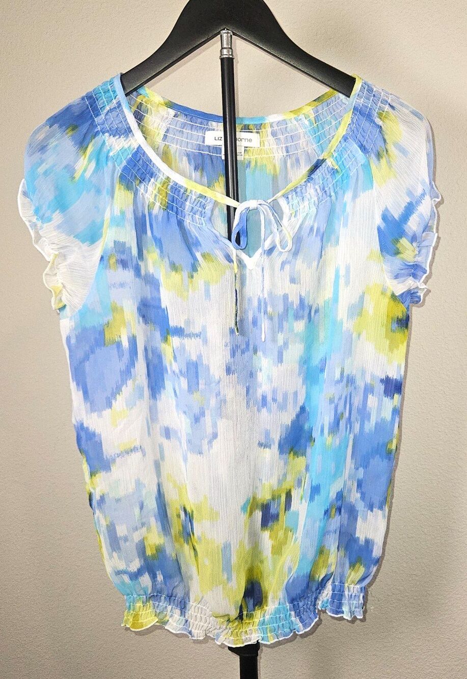 Liz Claiborne Womens Small‎ Blue Abstract Peasant Blouse Sheer Ocean Vibe Top